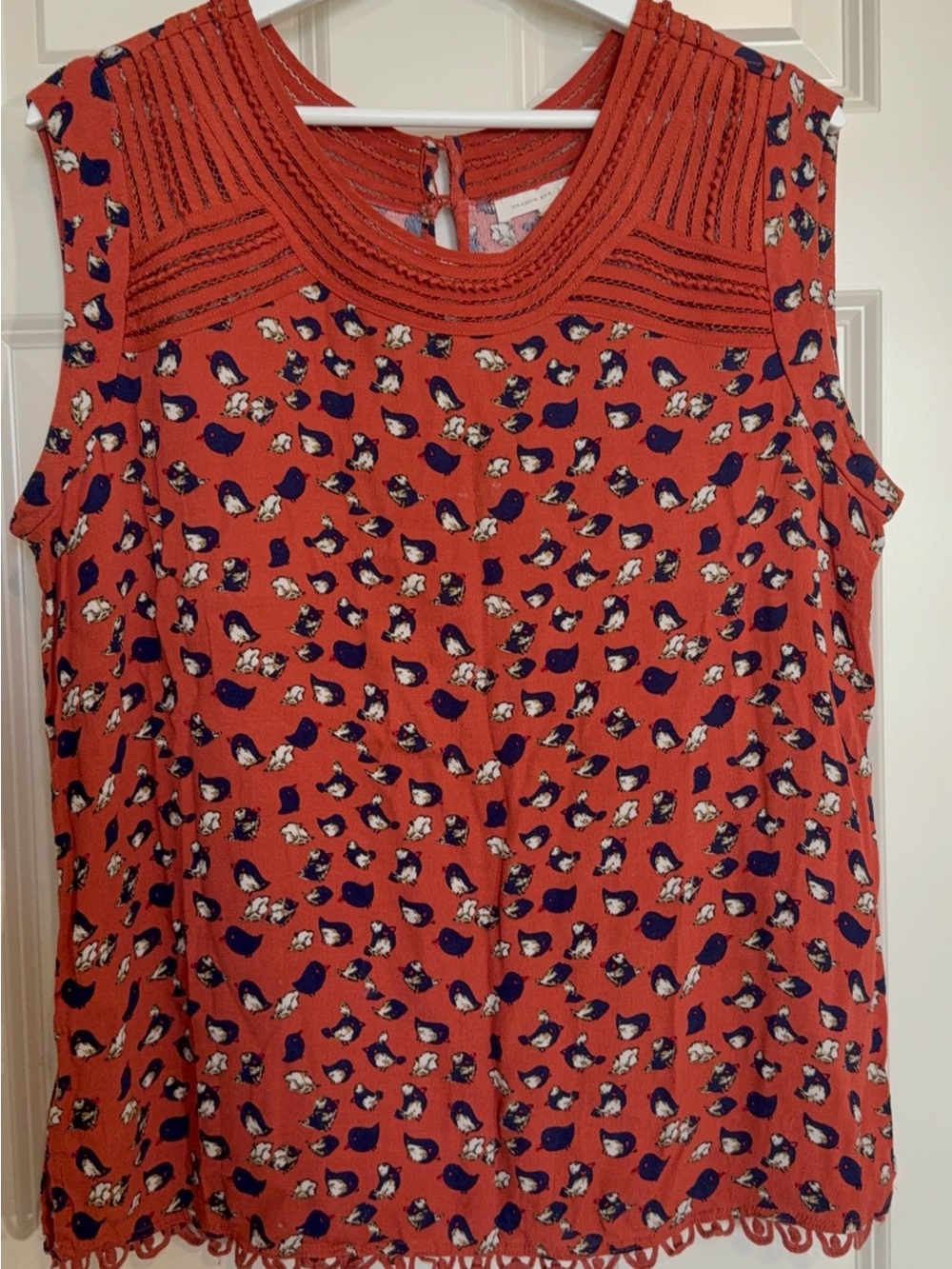 Meadow Rue Coral Sleeveless Crochet Yoke Printed Tank with Navy & Cream Accents